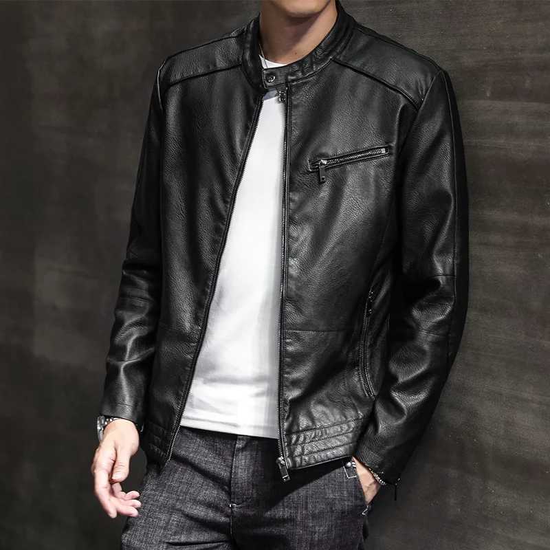 Trend Trends Motorcycles Leather Coats Stand Collar Moto Biker Vintage Casual Outwear Coat Men Slim Short Design Faux JacketsT250311