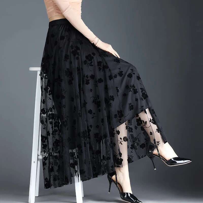 Korean Women Tulle Fashion Summer Hook Ral Loose Midi Skirt Elegant Female Casual All Match Mesh Skirts New