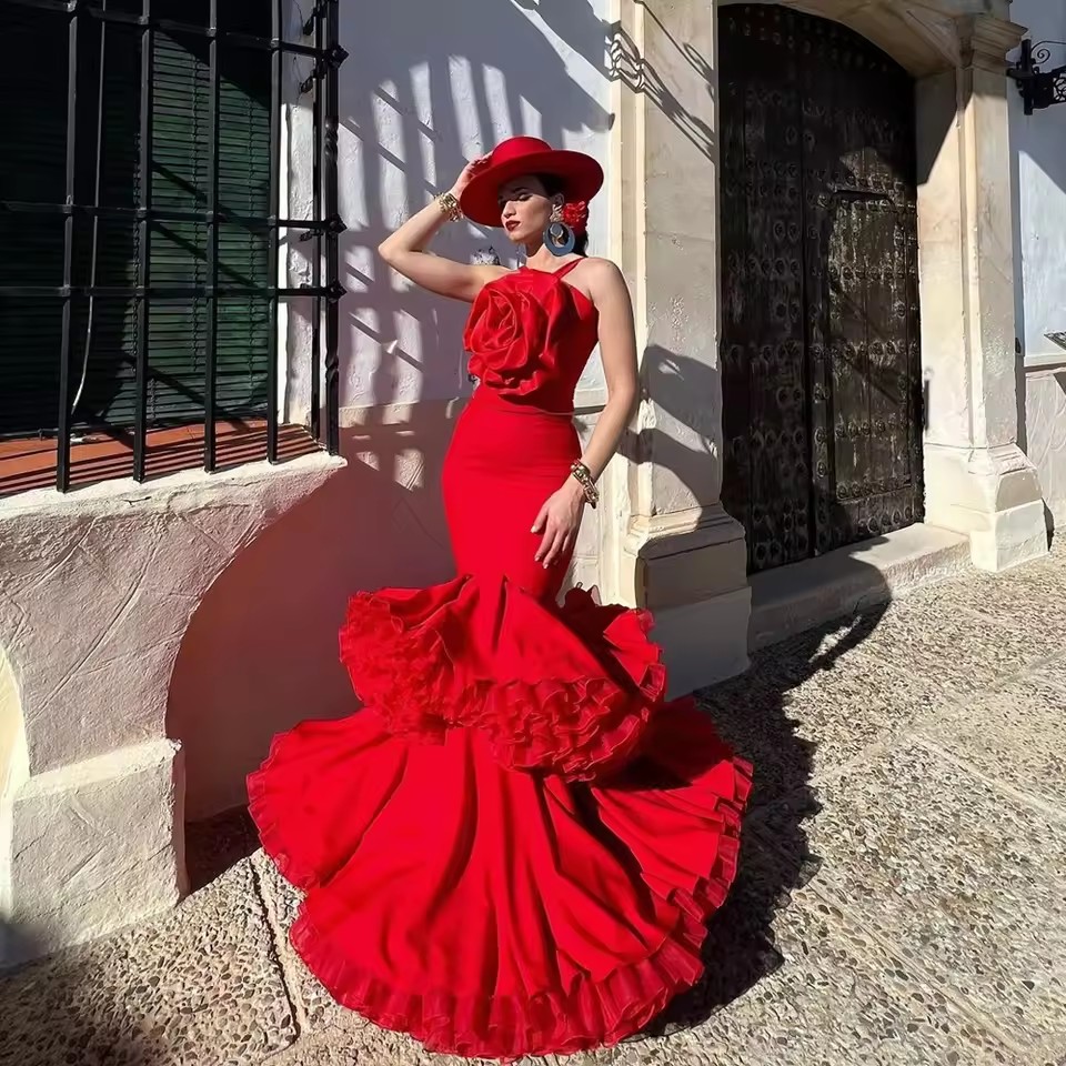 Spanish Red Mermaid Evening Dresses With Big Ruffled 3D Wer Puffy Tiered Bottom Long Formal Ocn Birthday Party Gown