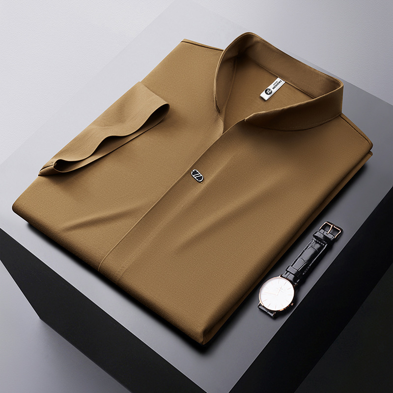 New Chinese style standing neck high elastic V-neck polo shirt for men's seamless drape thin short sleeved white t-shirt light luxury summer trac