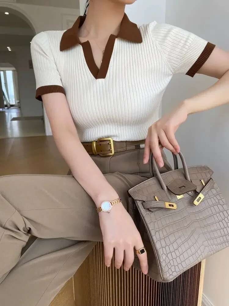 Women's Short Sleeve T-Shirt, Slimming Vintage Polo Collar, Elegant Blouse, Soft Breathable Top, Summer Fashion, 2024