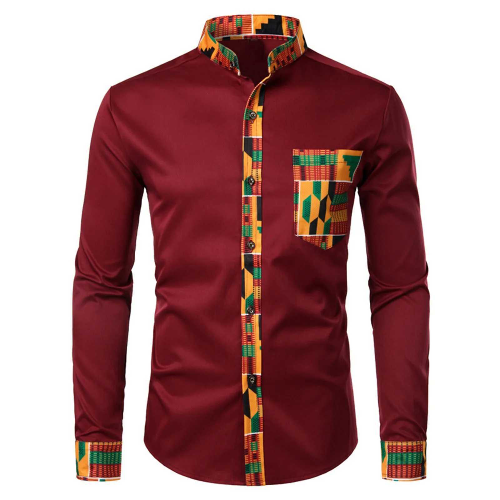 Mens shirt mens African long sleeved printed patch work design button top seaside vacation casual plus size W250312
