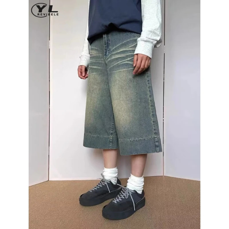 Mens Summer Denim Shorts High Street Harajuku Casual Straight Jeans Wash Five Point Pants Retro Pocket 250312
