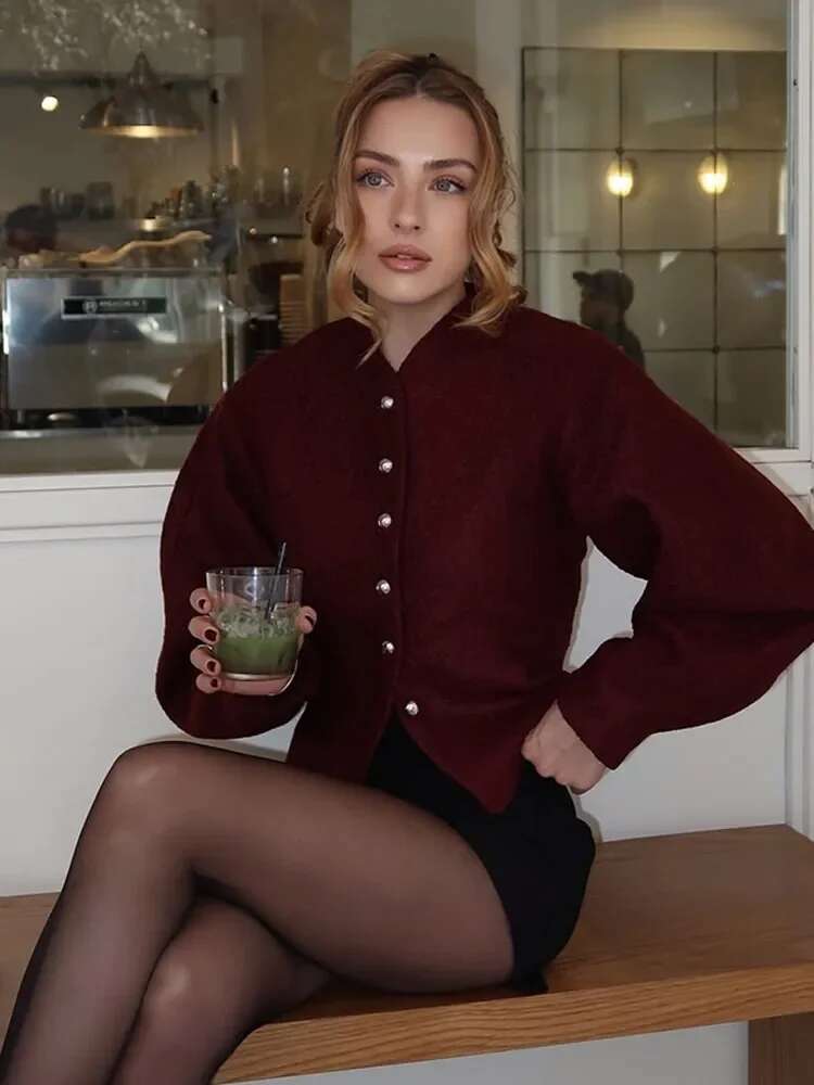 Elegant Round Neck Full Sleeve Split Slim Cropped Jacket Women Fashion Single Breasted Short Coat 2025 Lady New Spring Outwear