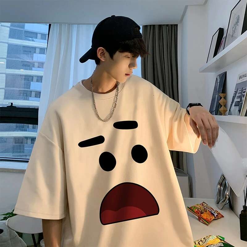 Korean Men's Cotton Oversized T-Shirts Mens T Shirt Casual Summer Wear Emote Fashion Print White Tee Shirts For Men Clothing