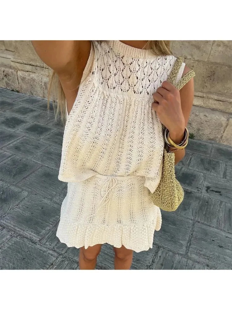 Womens Knitted Mesh Jacquard Skiing Set Hollow ONeck Sleeveless Tank Top Aline Short Sleeve Two Piece Summer Clothing 250312