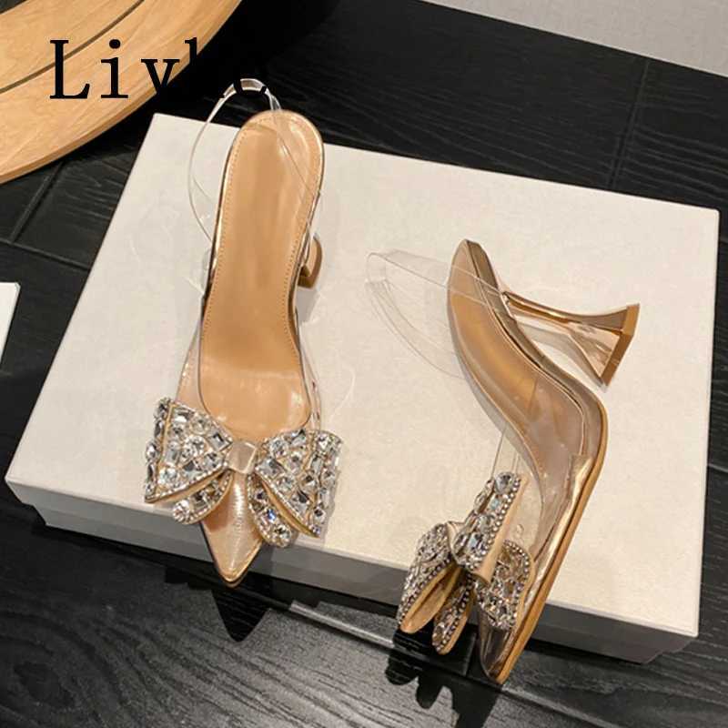 Liyke 2025 New Sier Crystal Bowknot Wen Hot Pumps High New H Transparent Sandals Sexy Pointed Toe Wedding Banquet Shoes Size 41 Z250311