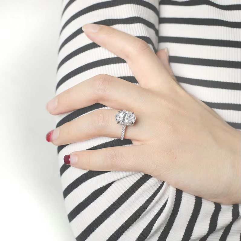 Fine Jewelry Oval Cut 3 Row Micro Pave Diamond Engagement Halo Moissanite Ring
