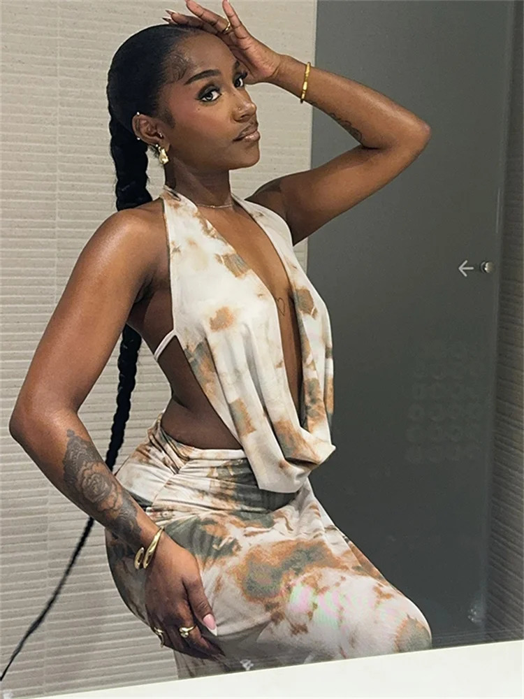 Weird Cat Tie Dye Printed 2piece Womens Bandage Strap Low Neck Tank TopRuffle Skirt Vacation Beach Styye Sexy Set 250312