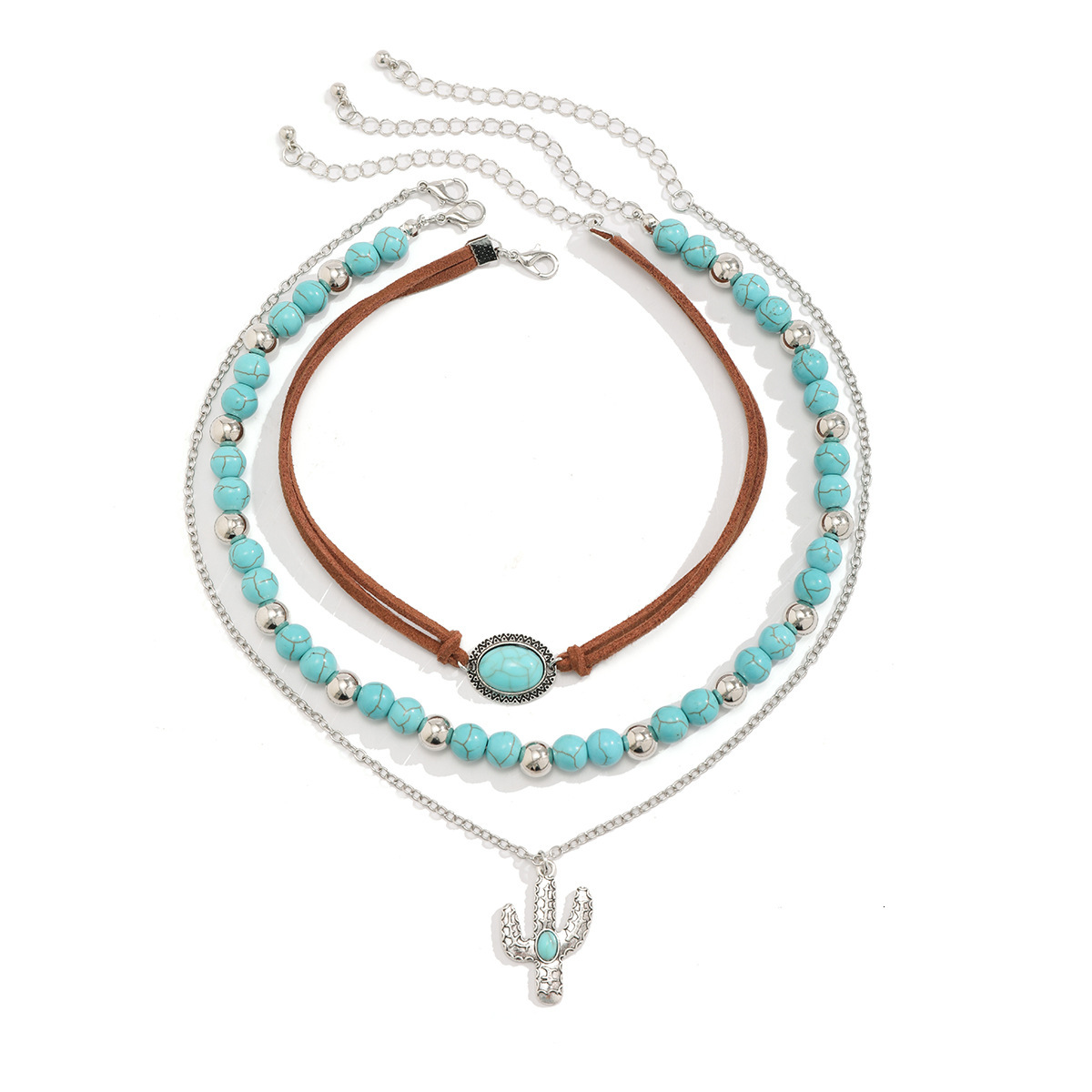 Vintage Imitation Turquoise Collarbone Chain Small Beaded Necklace Set Ethnic Wind Cactus Jewelry for Women