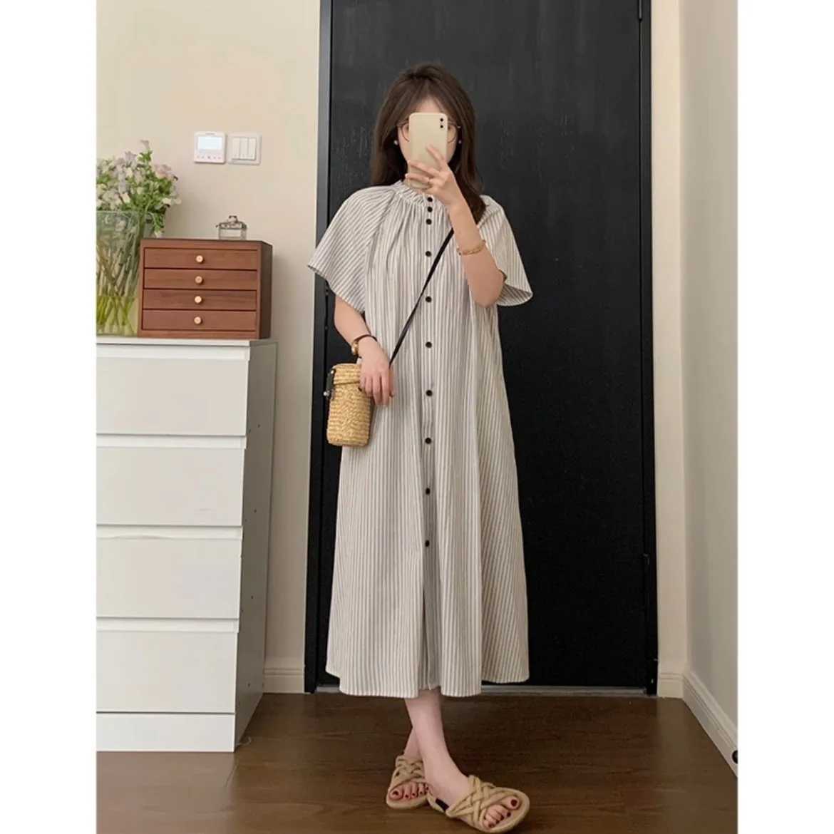 2025 Summer Maternity Holiday Dress Short Sleeve O-neck Button Fly Pregnant Woman Striped Dress Loose Casual Pregnancy ClothesT250311