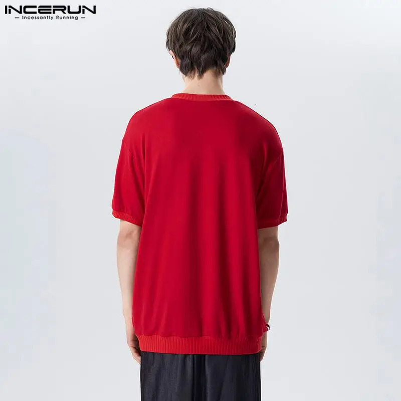 Fashion casual style top INCERUN mens short sleeved knitted Vneck printed Tshirt sexy and comfortable selling hollow vest 250312