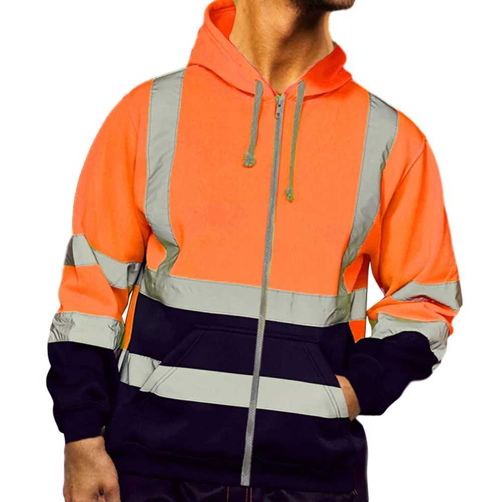 Mens Hooded Zipper Tops Fashion High Visibility Reflective Sweatshirt for Men Bomber Jacket Side Pockets Breathable Coat Tops M250312