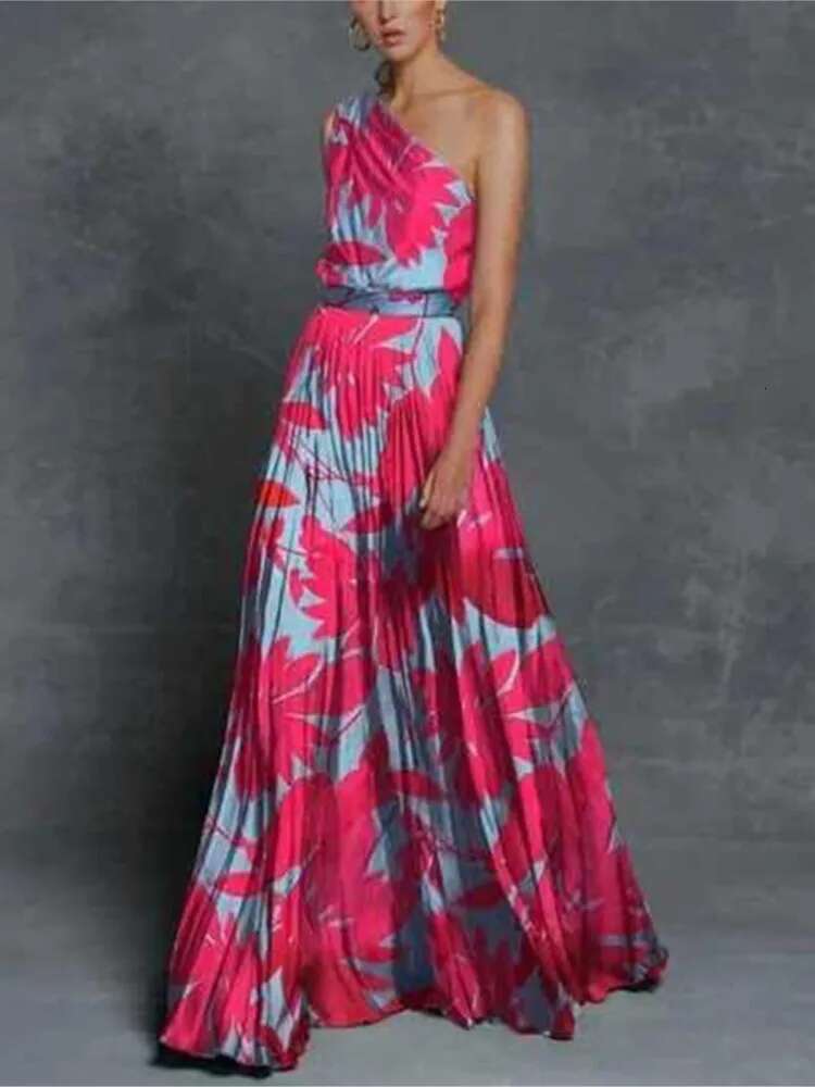 2024 Spring Summer New One Dresses Women Splicing Print Off Shoulder Loose Long Dress Fashion Ladies Commuting Vestidos
