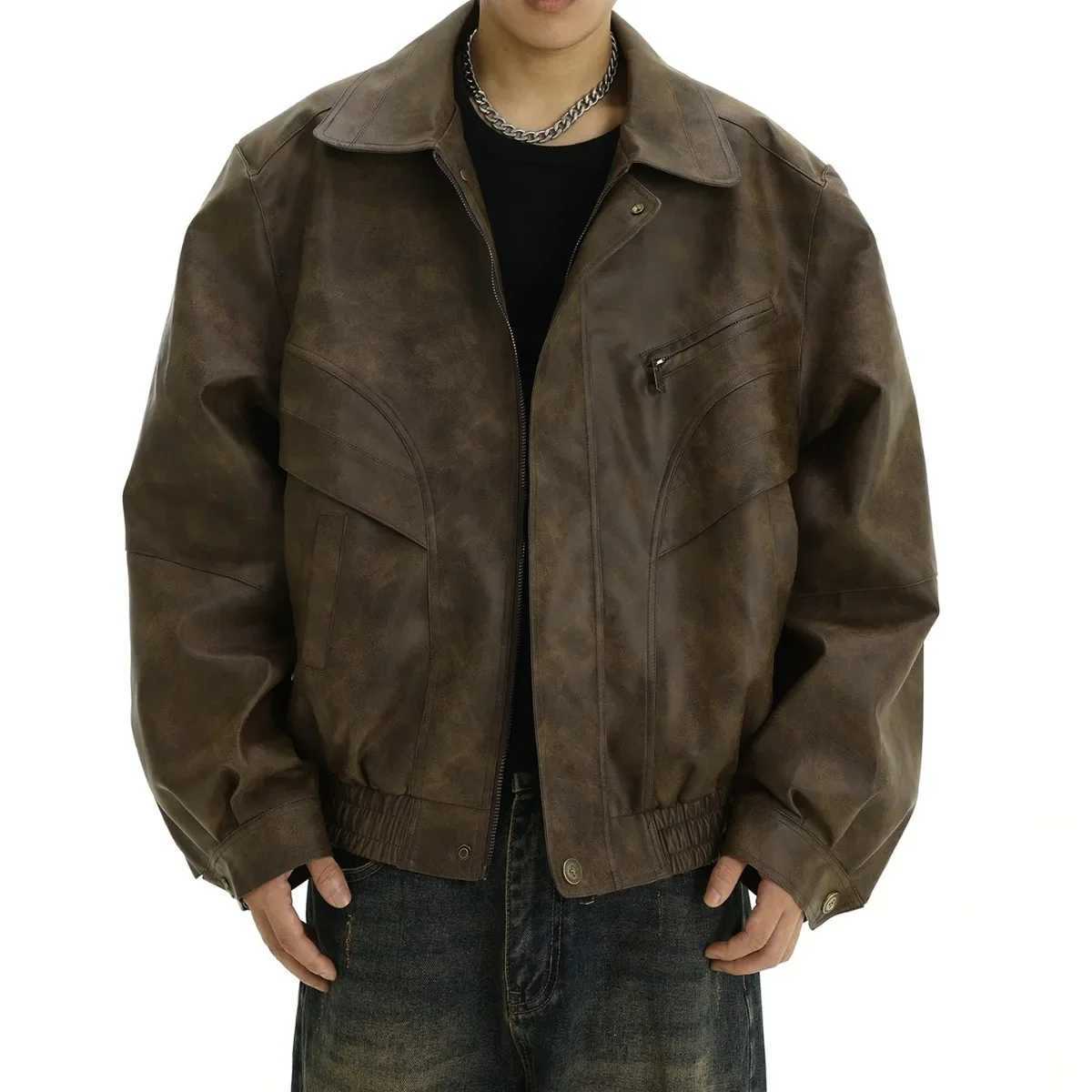 Vintage Distressed Leather Jacket Mens Loose Fit Casual Motorcycle Flying Jacket Autumn Trendy Brand Bad Boy StyleT250311