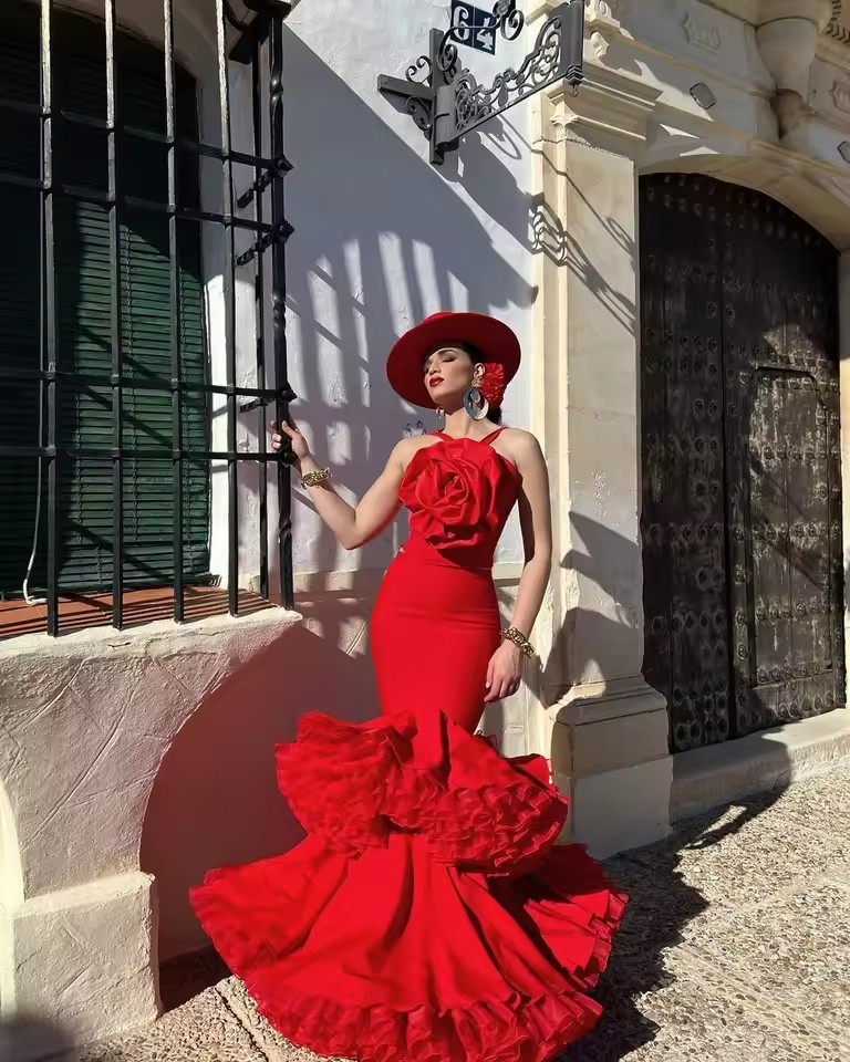 Spanish Red Mermaid Evening Dresses With Big Ruffled 3D Wer Puffy Tiered Bottom Long Formal Ocn Birthday Party Gown