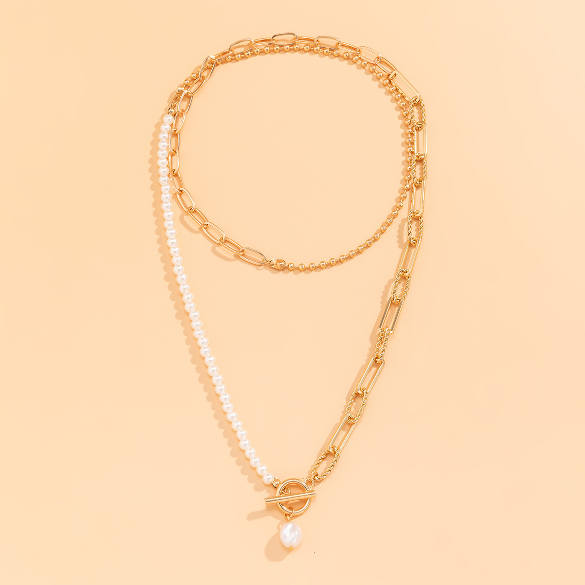 High-grade Imitation Pearl OT Buckle Fringe Necklace With Cross Ring Overlapping With Beaded Jewelry for Women