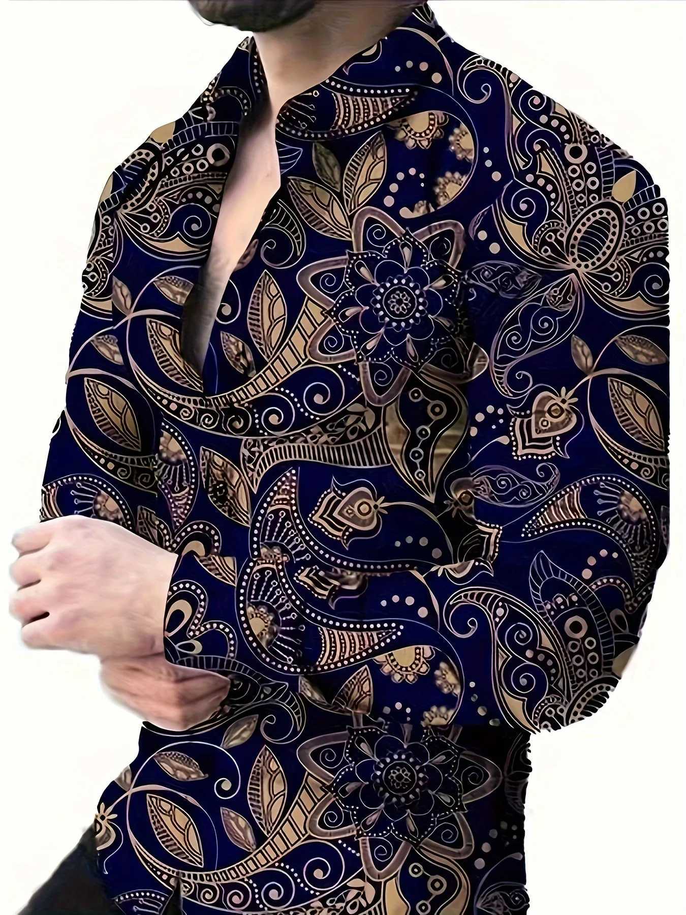 Mens Fashion 3D Rose Pattern Printed Shirt Oversized Spring/Summer Mens Retro Paisley Pattern Long Sleeve Shirt Clothing W250312