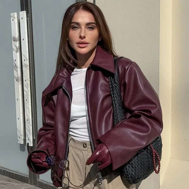 Angola Red Jacket Leather Motorcycle Street Fashion 2024 Autumn And Winter New Top Women's Elegant Coat