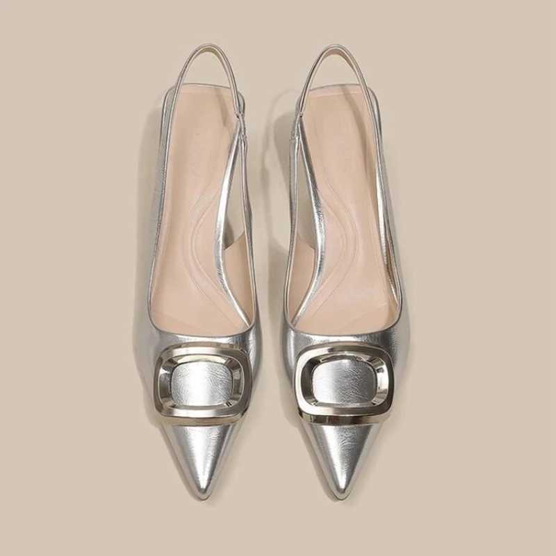 Wens Summer New New High-Heeled Pointed Metal Decorative Baotou Slip-Up Slippers Fashion Temperament Hot Stiletto Sandals Z250311