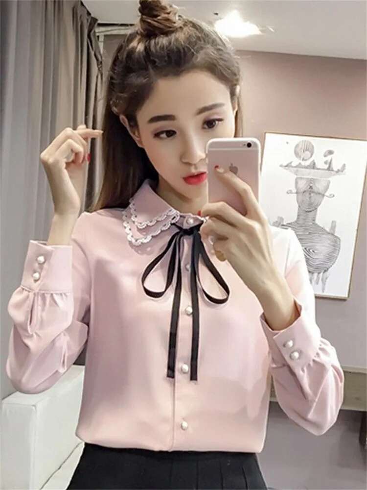 Women Spring Autumn Style Vintage Blouses Shirts Lady Casual Long Sleeve Turn-Down Collar Pink White Blusas Tops Df3089