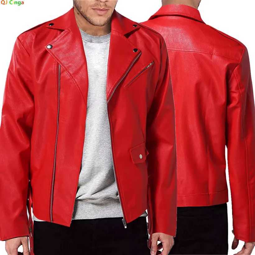 Bright Red Mens PU Biker Jackets Fashion Casual Loose Coat M-5XL Black Long Sleeve Lapel Jacket Rivet Zipper DecorationT250311