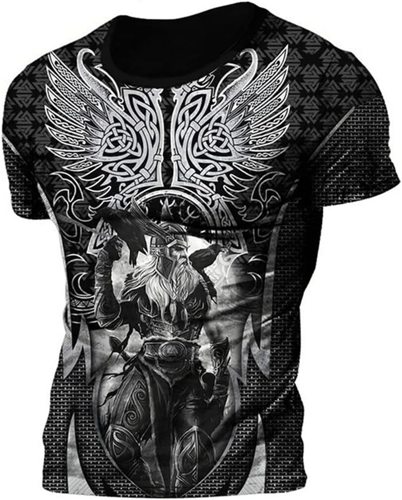 Mens T shirt Vikings 3D Digital Print Odin Triangle Knot Pattern T-Shirt, Men's Summer Tattoo Casual Short Sleeve tee Casual tops summer clothes