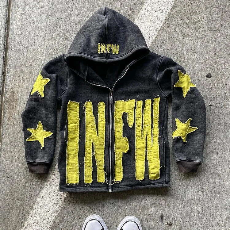 Personalized street patchwork letter star pattern long sleeved pullover hoodie loose fit