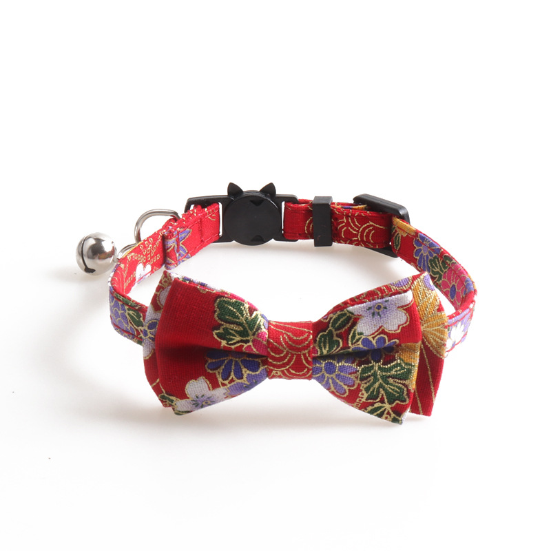 Summer Cat Bow Tie Collar with Bells, Chinese Style Embroidery Pattern Kitty Kitten Collar for Girls and Boys Cats Breakaway Adjustable Collar Blue B8