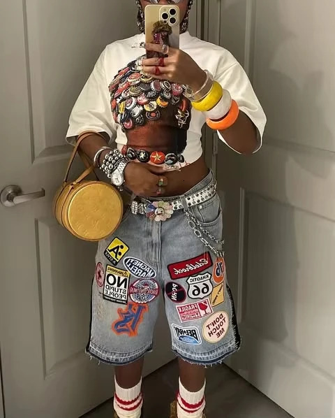 American retro denim shorts Y2K jeans Harajuku hiphop cartoon y pocket low waist sports basketball 250312