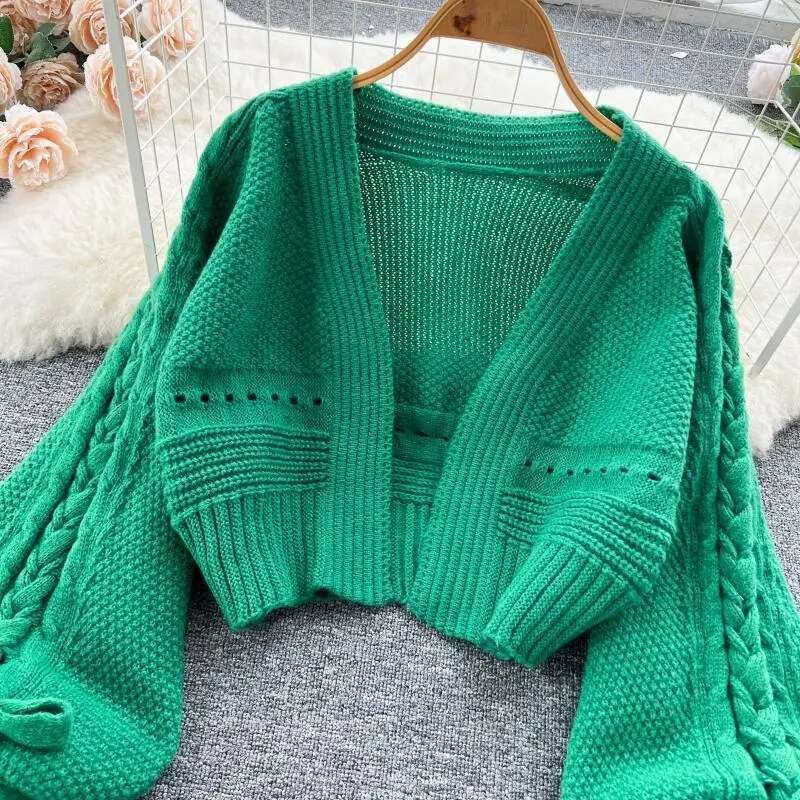 Green Casual Acrylic Knit V-Neck Lantern Long Sleeve Lace Up Women's Sweater Short Cardigan For Women Clothing 2024