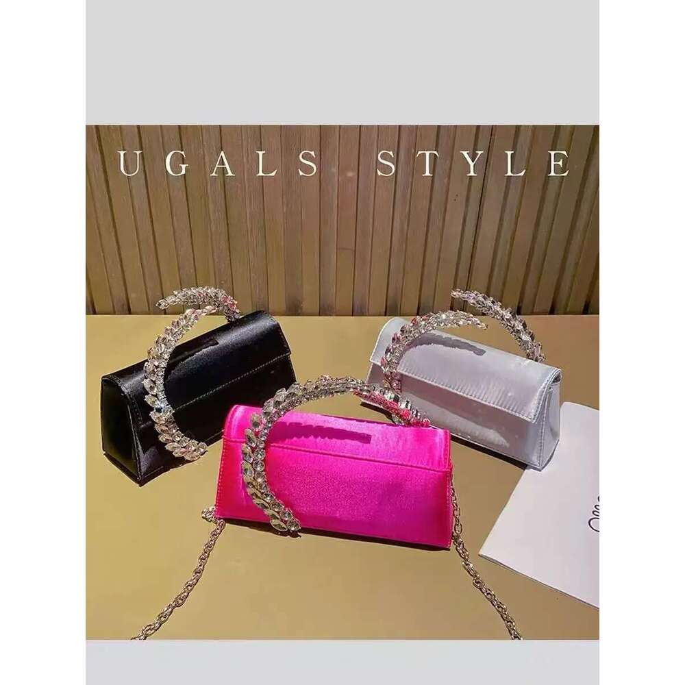 Crystal Shiny Rhies Dia Metal Handle Women Handbag Satin Evening Wedding Party Clutch Purse Crossbody Bag