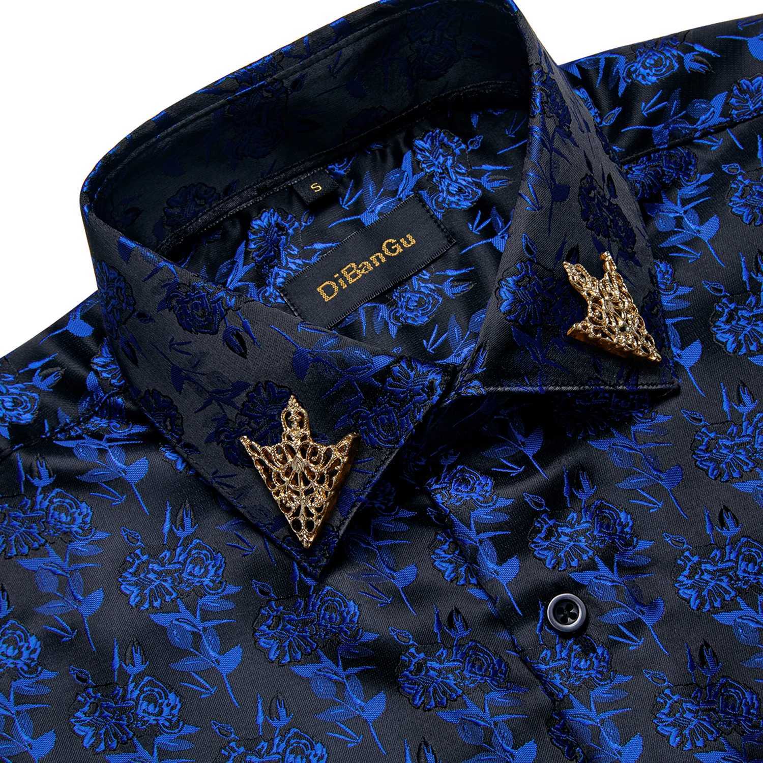 2023 Mens Silk Shirts Long Sleeve Blue Black Formal Dress Social Turn-Down Shirt With Golden Collar Pin Male Blouse Casual Tops W250312