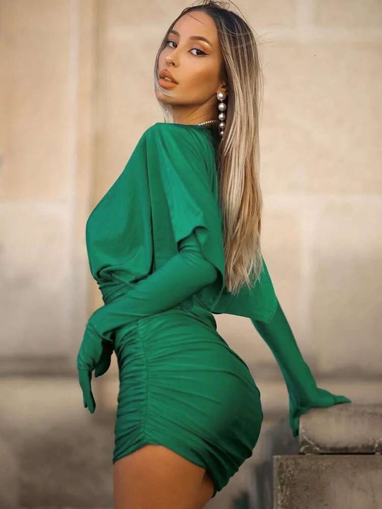 2025 New Spring Fashion Sexy V Neck Bodycon Mini Dress For Women Elegant Gown Party Club Outfits Draped Gloves Dresses Clothes