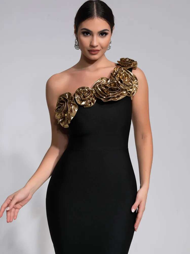 New Women Celebrity Sexy One Shoulder Wer Black Maxi Long Bandage Dress 2024 Knitted Elegant Evening Club Party Outfit