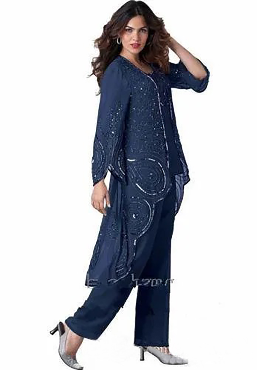 Navy Blue Mother Of Bride Pant Suits For Weddings Beaded Plus Size Groom Dress With Jacket Special Occasion Mothers Outfit Garment