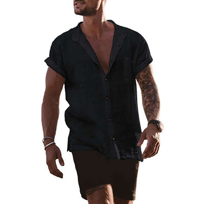 summer solid color cotton and en cardigan loose short sleeved pocket simple casual shirt men's 2025 temperament versatile new trend clothing ins