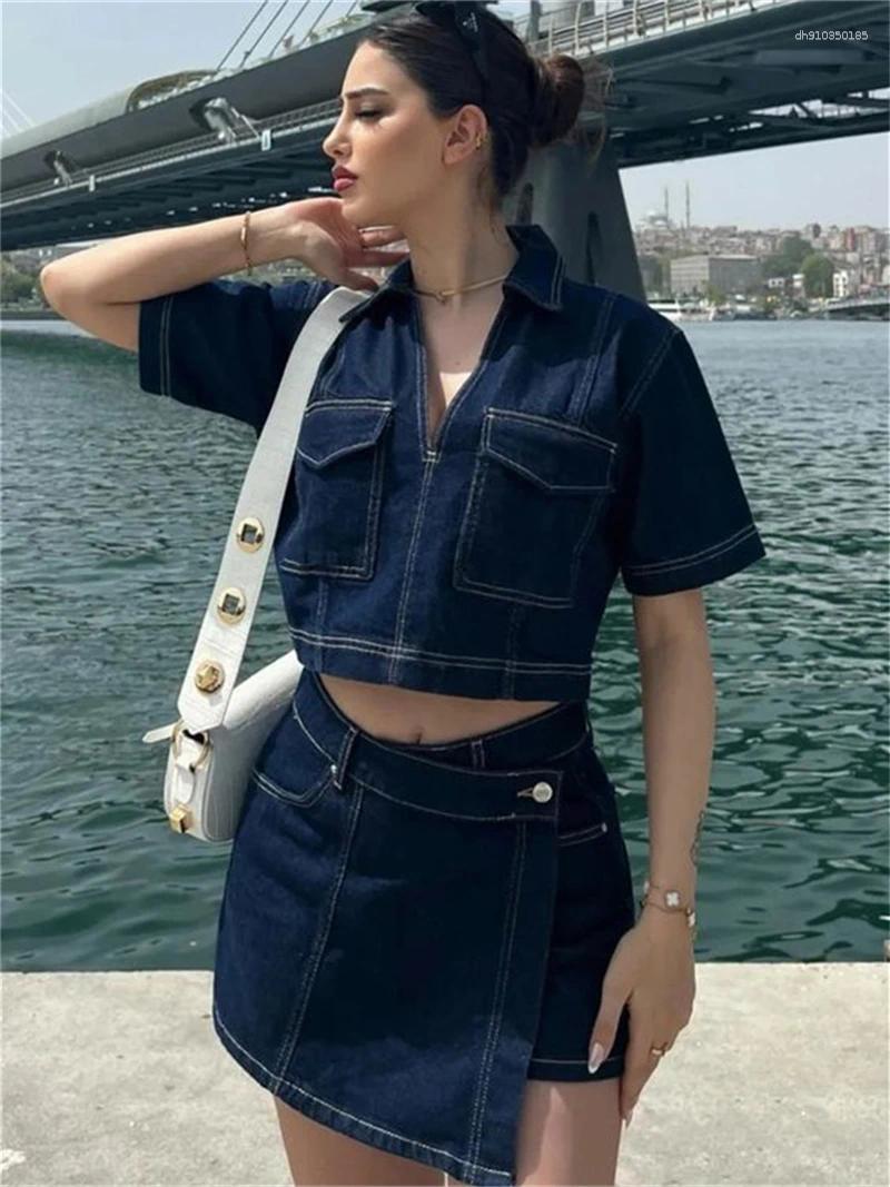 Women's Tracksuits Fashion Denim 2 Piece Sets Women Outfit Summer Clothes 2025 Jean Crop Top Irregular Hem Shorts Skirts Dress