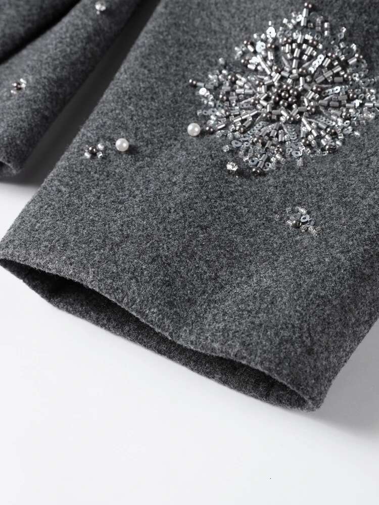 Beading Urious Chic Coat Women Loose Single Breasted Stand Collar Pocket Woolen Outwear 2024 Winter Snowflake Sequins Jackets