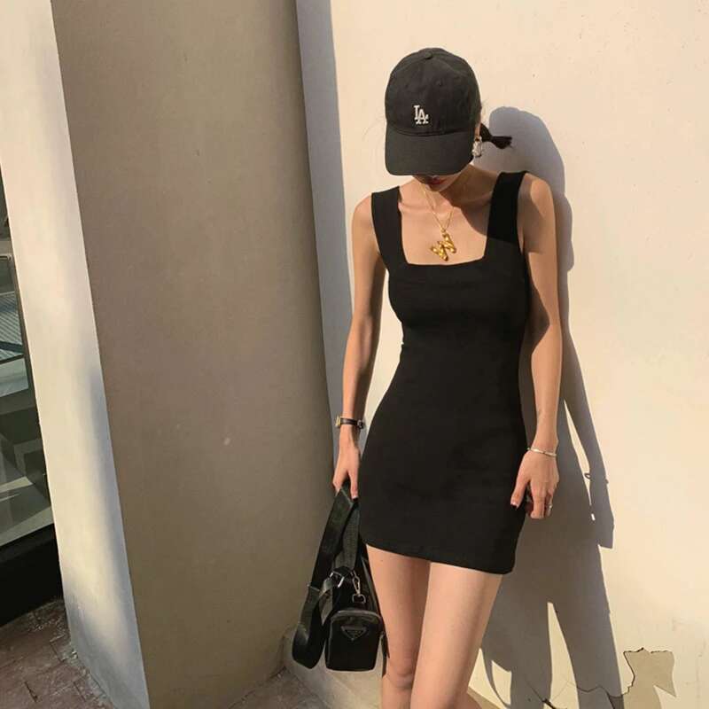 MEXZT Sexy Black Mini Dress Women Streetwear Square Collar Sundress Korean White Bodycon One Pieces Dresses Summer Vestidos New