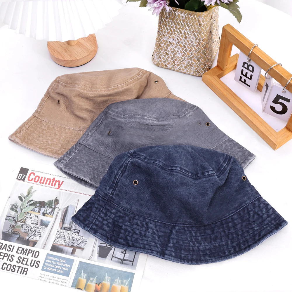 2023 Fishermans Hat Retro Denim Bucket Outdoor Mens and Womens Cotton Washed Panama Sun Fashion Hip Hop Gorros Bob 250304