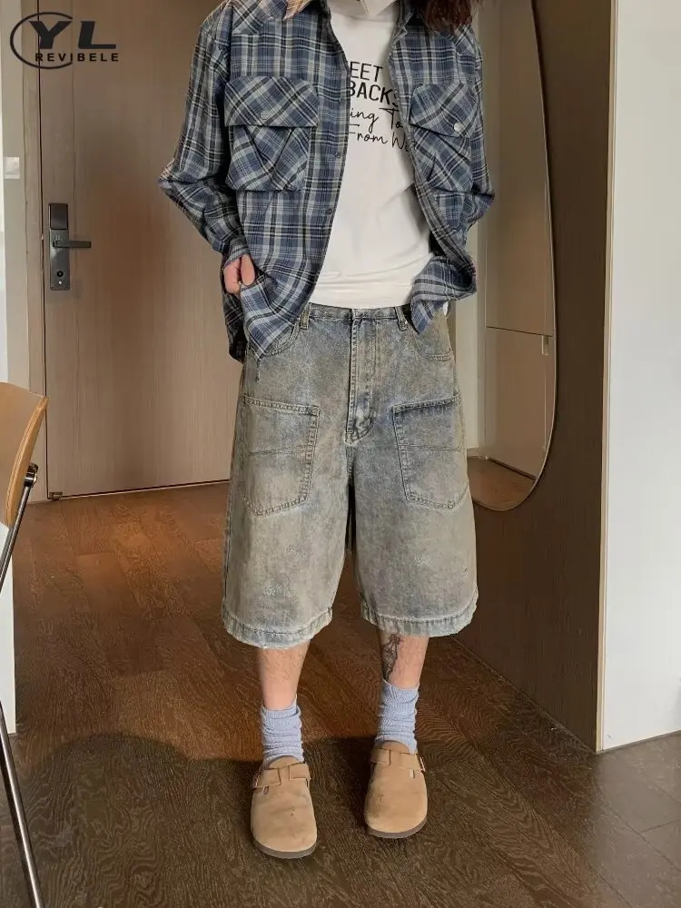 Mens jeans shorts summer fashion American high street straight five point pants loose and denim 250312