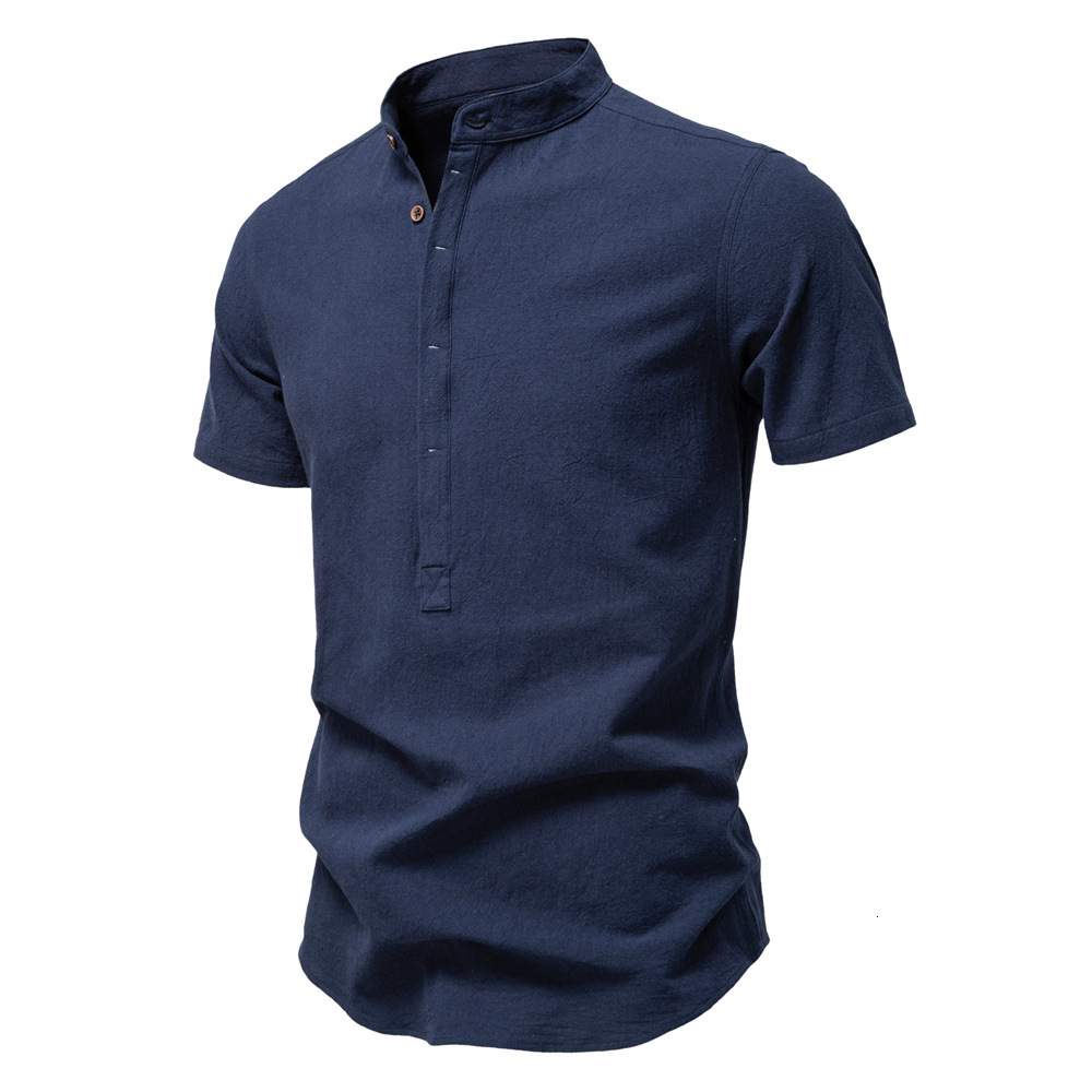 2025 summer new business casual men's short sleeved linen stand collar cotton t shirt tracksuit