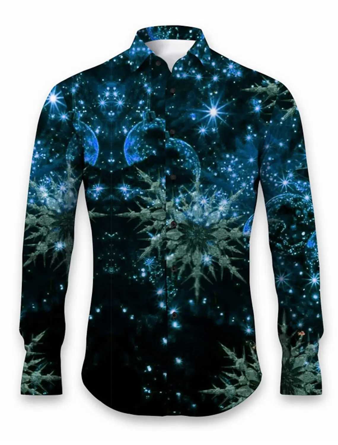2024 Christmas themed mens 3D printed formal shirt with gold snowflake graphic long sleeved fashionable mens shirt W250312