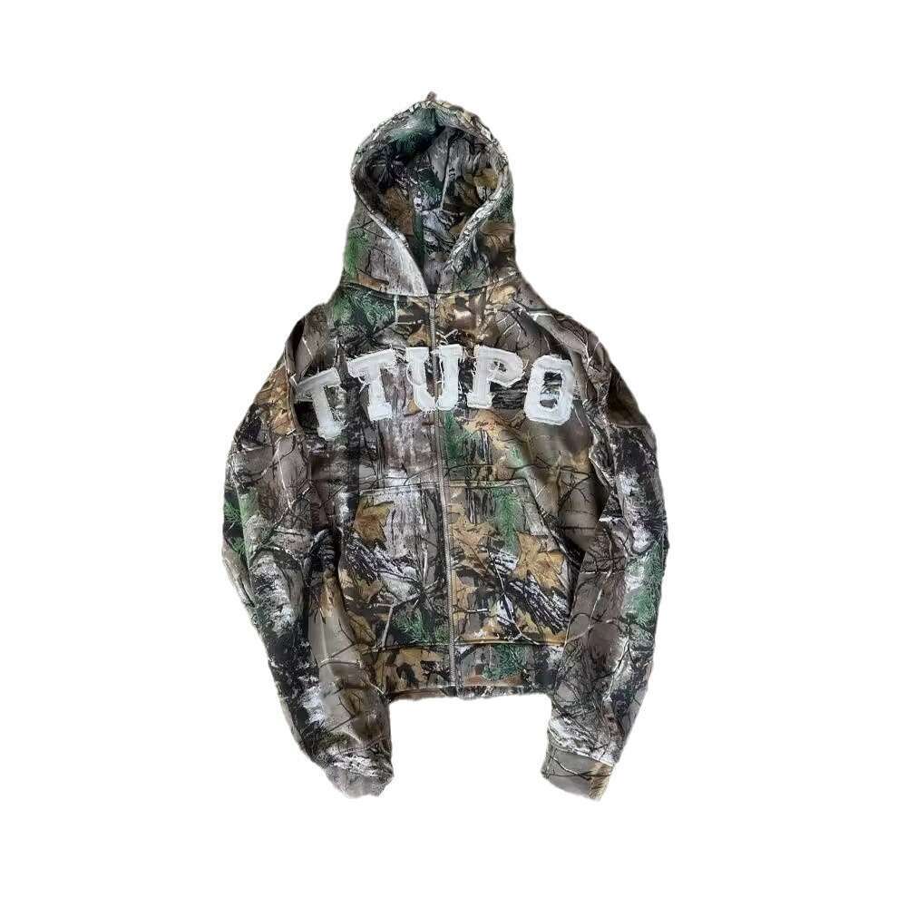 American camouflage vintage embroidered hoodie with personalized design sense, Harajuku loose fitting unisex sweatshirt