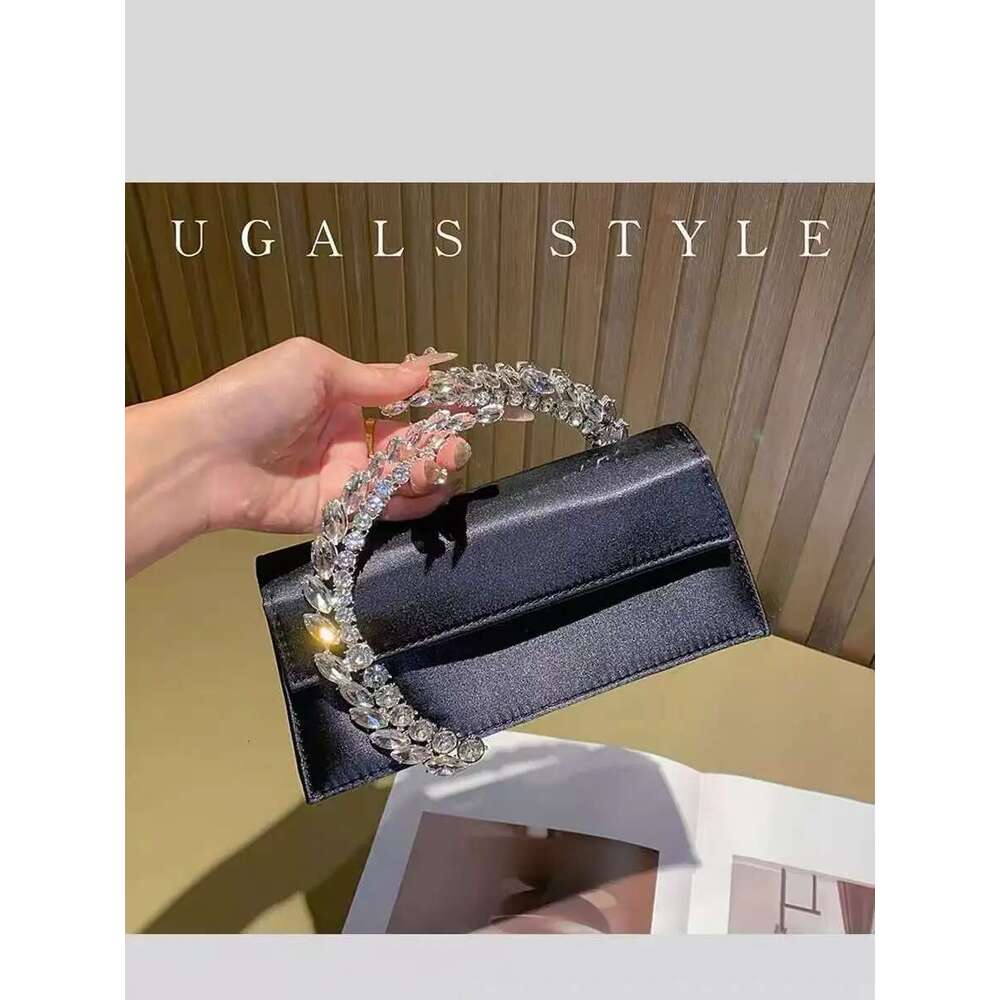 Crystal Shiny Rhies Dia Metal Handle Women Handbag Satin Evening Wedding Party Clutch Purse Crossbody Bag