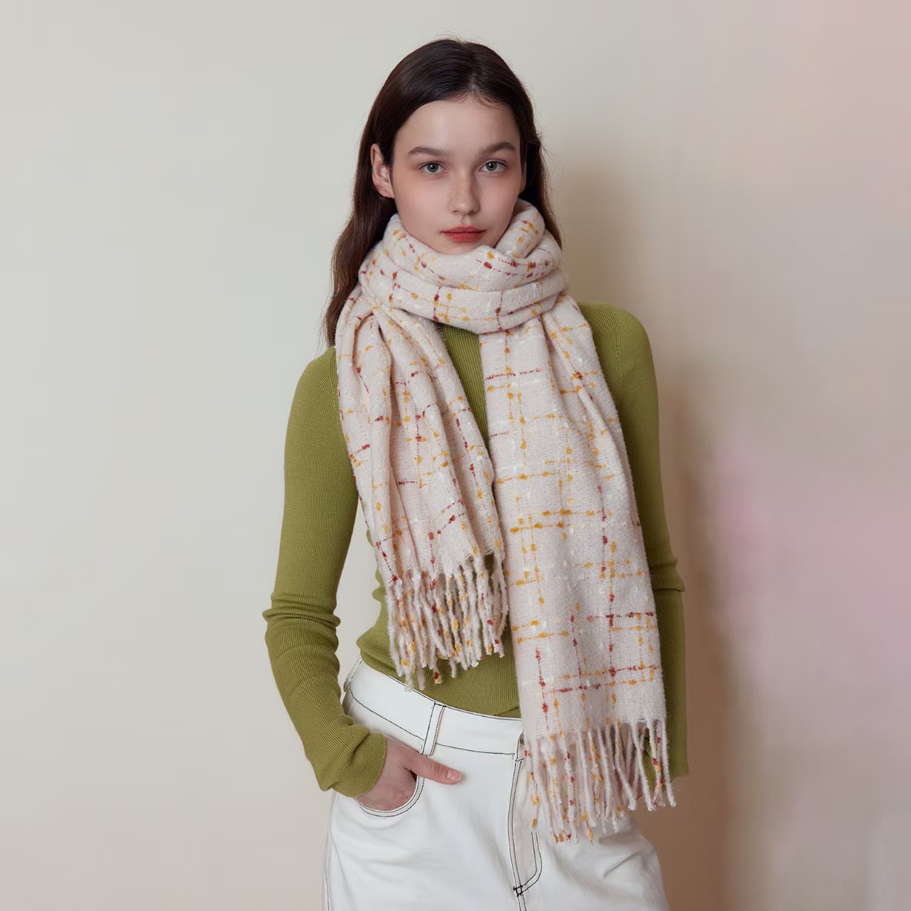 K101 Korean version of cream small fragrance style imitation cashmere plaid scarf women's winter foreign trade cross-border starry sky net celebr