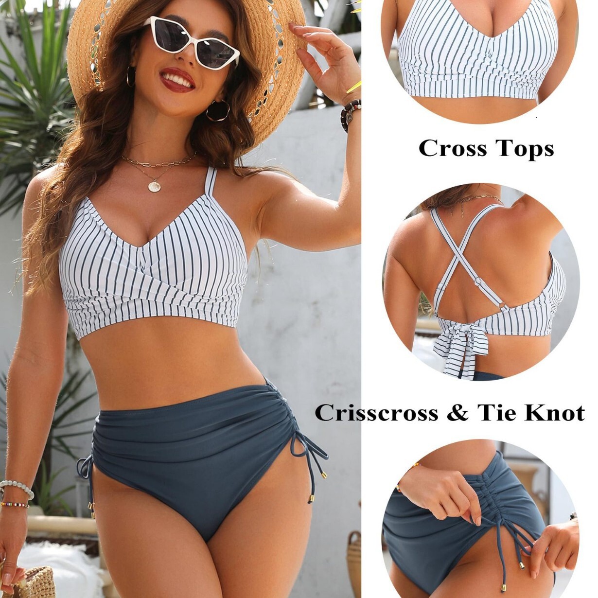 2025 New Women's Striped Bikini Designer Split Swimsuit Noble Luxury Drawstring Belt Cross Strap Beach Wear High Waist