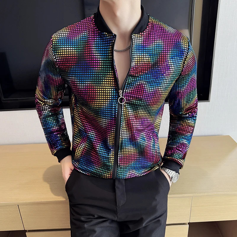Y2K Mens Jacket ner Clothes Fashion Cool Sequined Jackets Men Streetwear Night Club Stage Thin Bomber Techwear Homme 250312