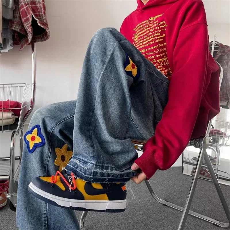 Autumn mens floral y Y2K jeans hiphop fashion bag denim Trouser womens retro streetwear blue straight 250311